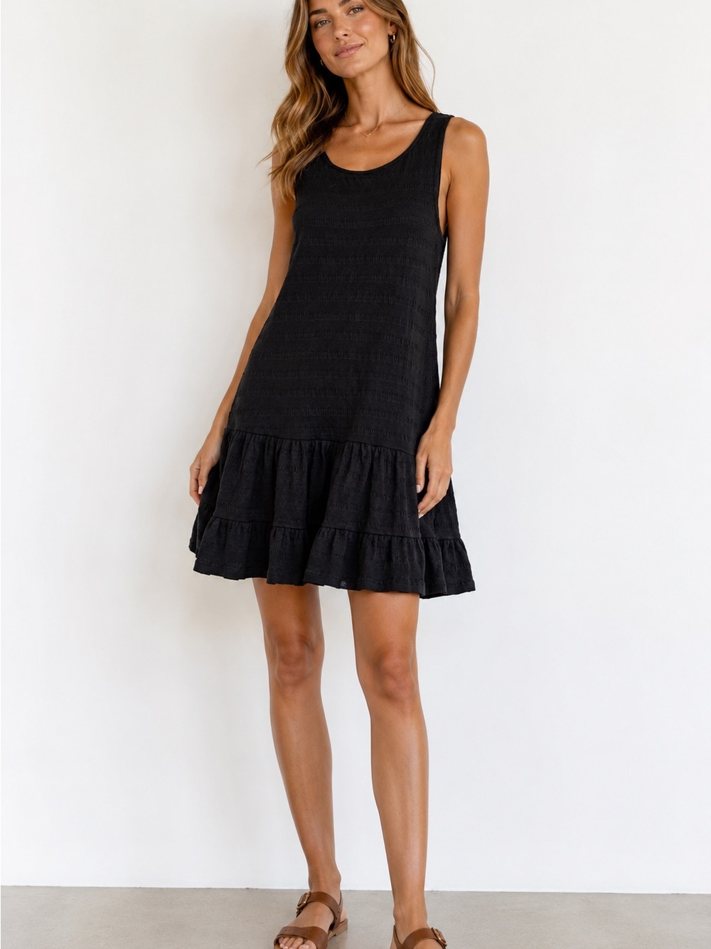 Anthropologie Daily Practice Prix Black Smocked Sleeveless Ruffle-Hem Dress S